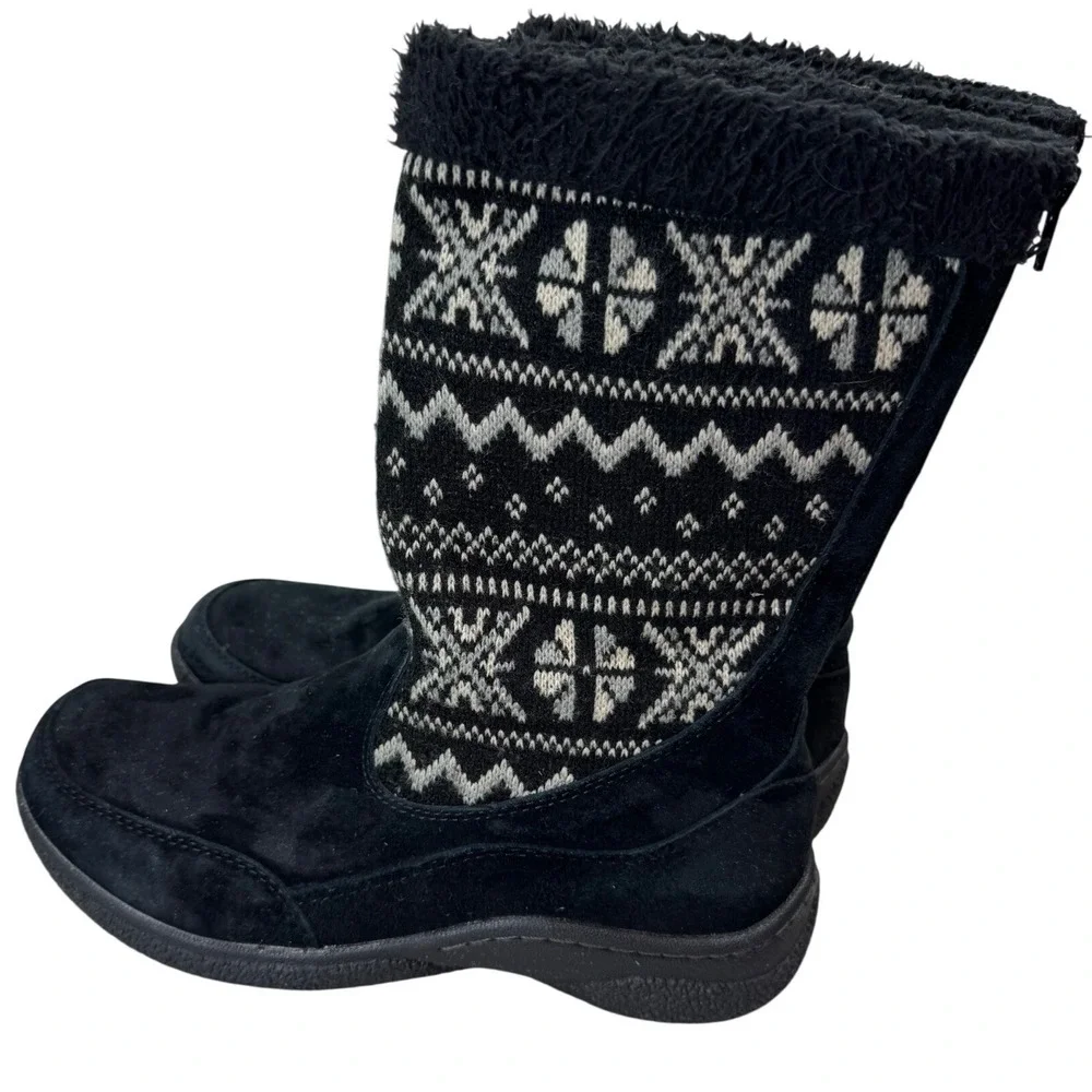 Propet Snow Boots‎ Size 7N Women's Black Suede Leather Fair Isle Knit Winter